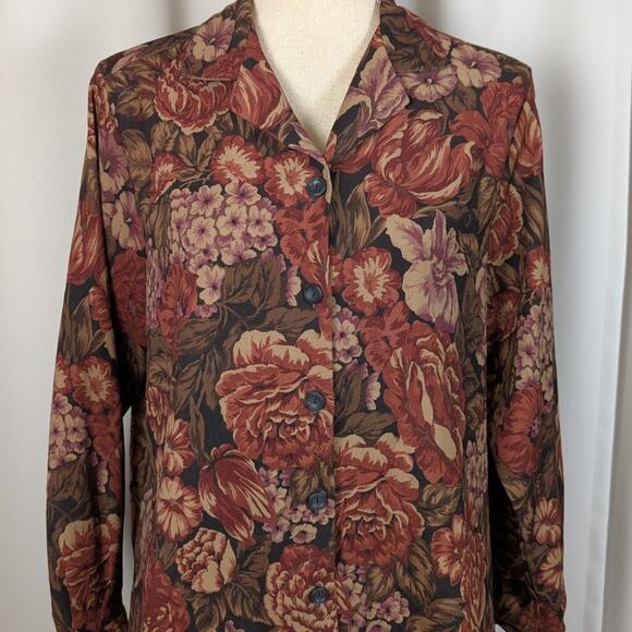 90s Vintage Fall Floral Top Shaket by Bon Worth Brown Black and Tan Size M - Picture 11 of 14